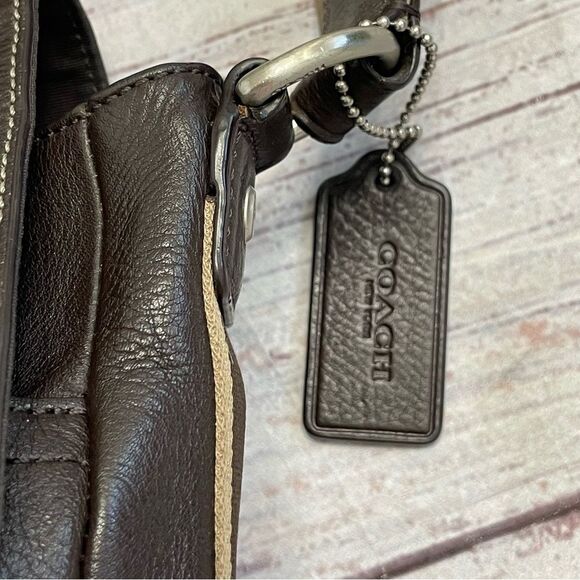 Coach Heritage Web Leather Map Messenger Bag Crossbody Brown with Striped Strap - Picture 6 of 14